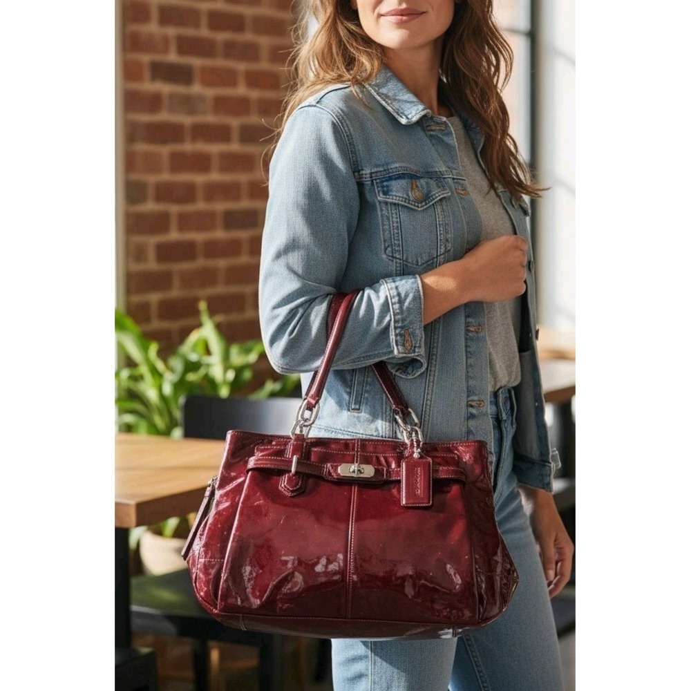 Coach Chelsea Jayden Red Burgundy Wine Patent Leather Tote Handbag Satchel